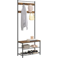 O'DADDY® Kapstok Staand Met Schoenenrek - 9 Haken - 70x32x175 - Bruin