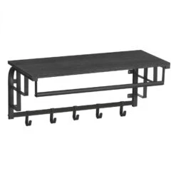 ACAZA Kapstok Met Plank, Wandkapstok, 5 Haken In Metaal En Hout, 66cm, Zwart