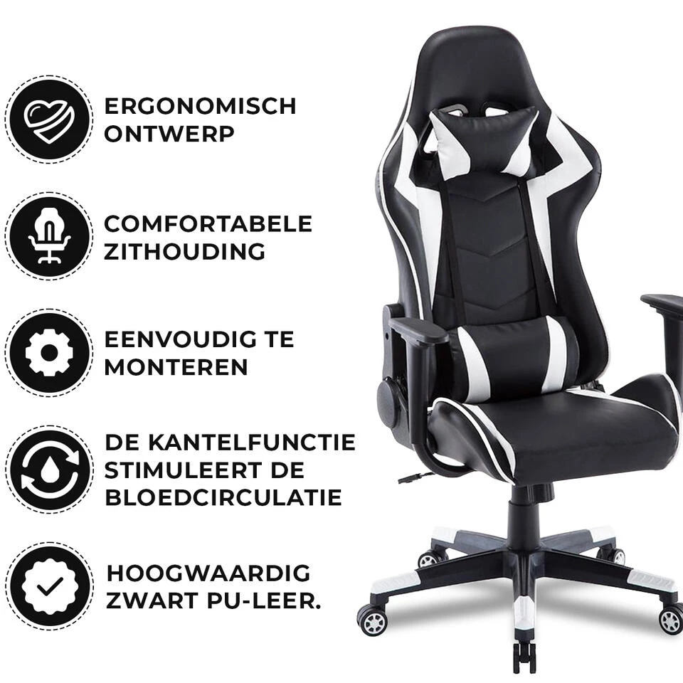 Gamestoel Las Vegas - Zwart / Wit - Gaming Stoel - Bureaustoel - Afbeelding 2