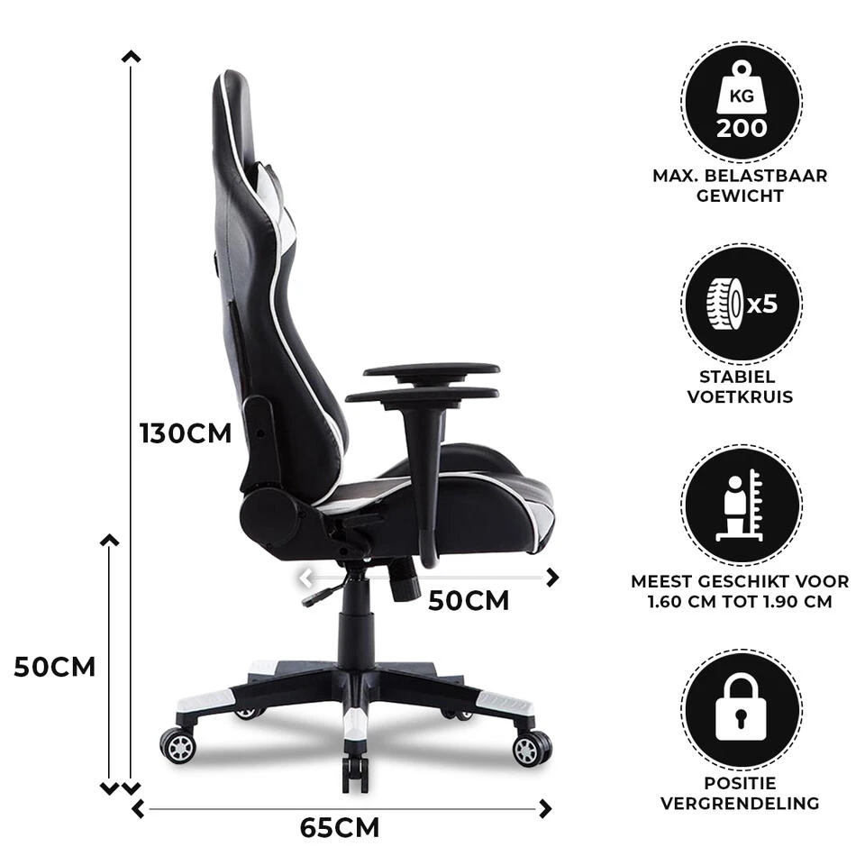 Gamestoel Las Vegas - Zwart / Wit - Gaming Stoel - Bureaustoel - Afbeelding 3