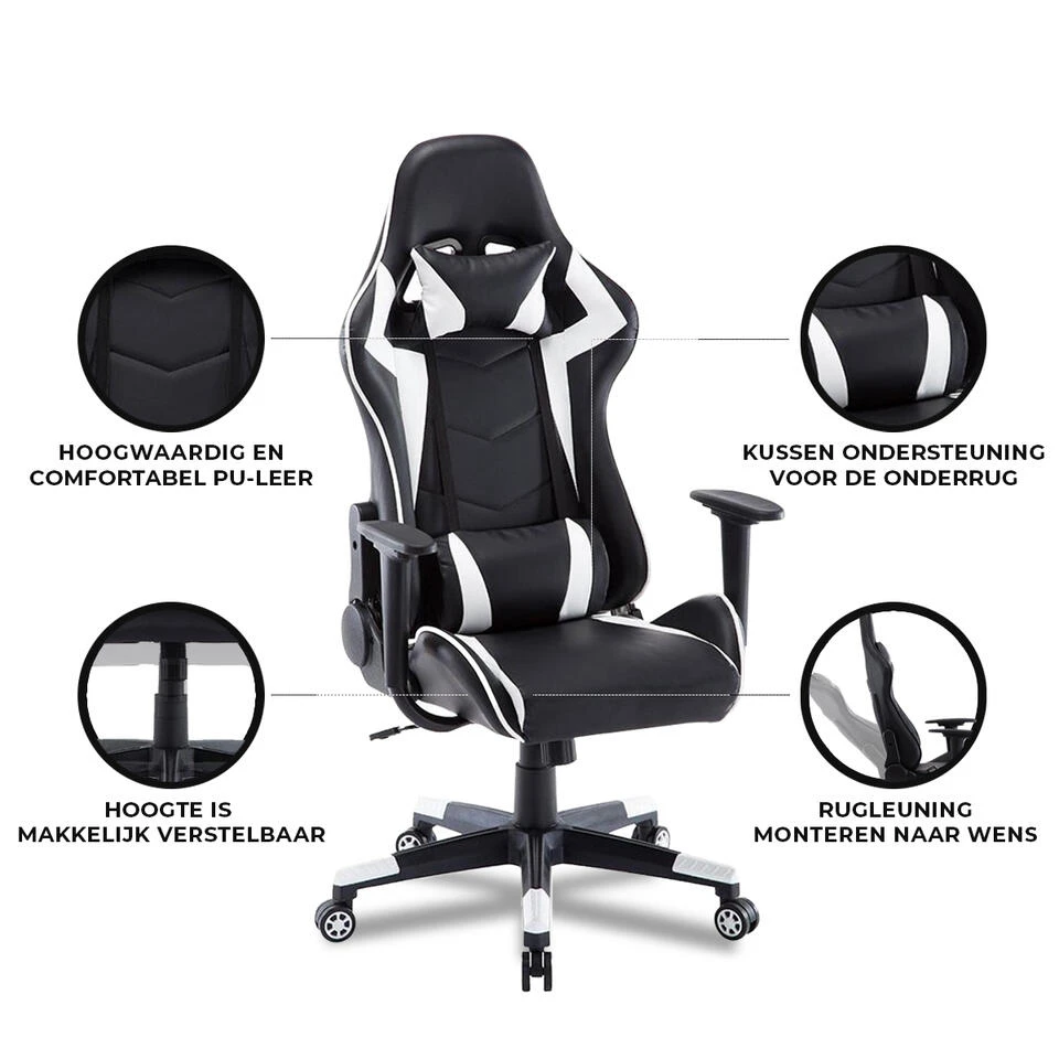 Gamestoel Las Vegas - Zwart / Wit - Gaming Stoel - Bureaustoel - Afbeelding 4