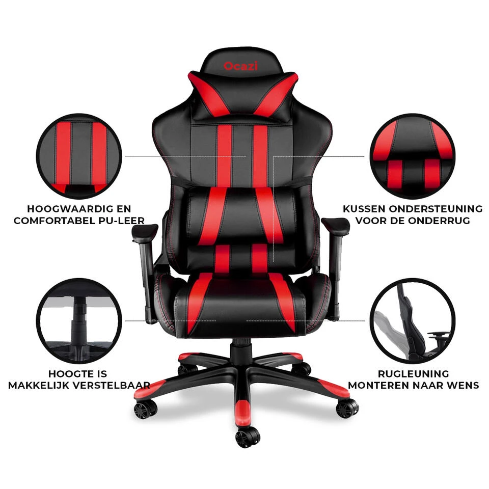 Ocazi Chicago Gaming Stoel - Bureaustoel - Zwart/Rood - Afbeelding 4