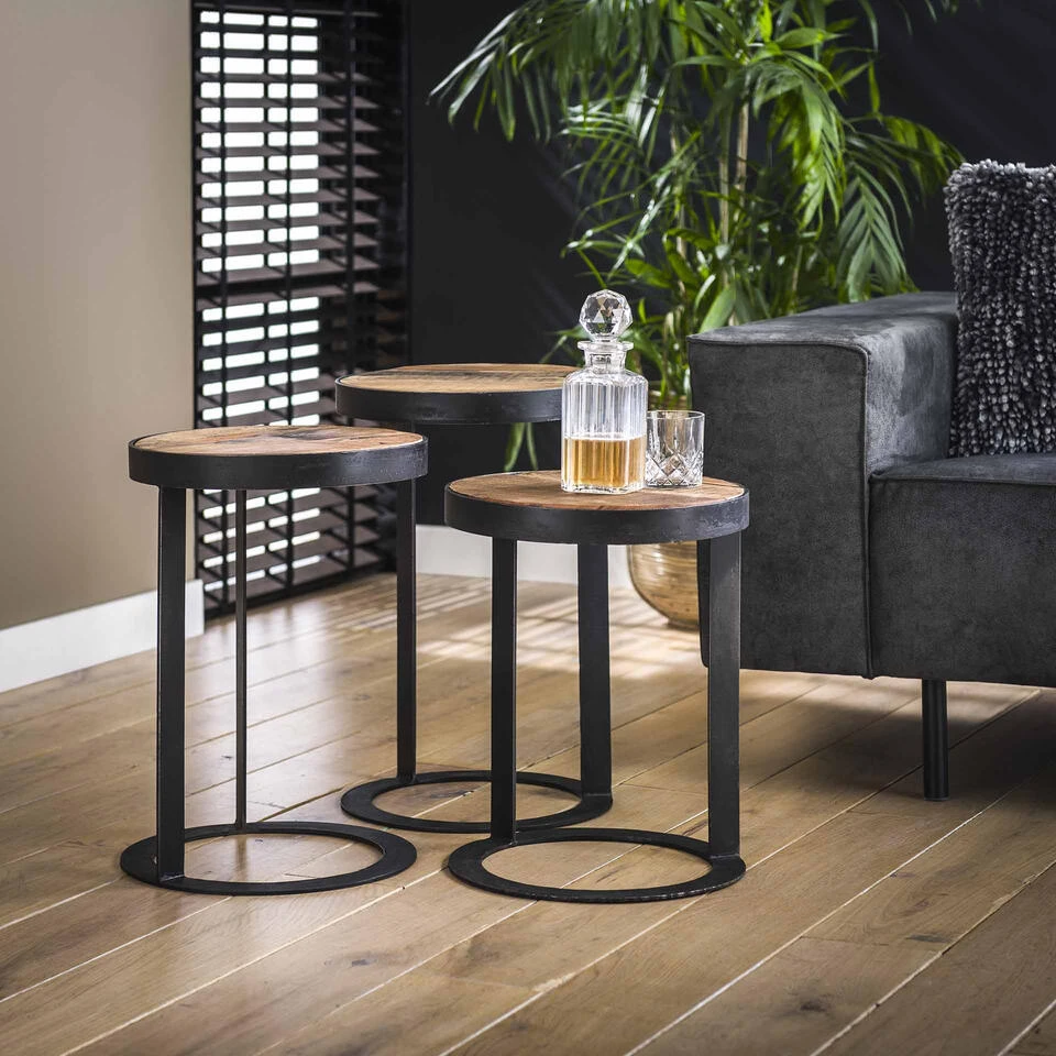 Giga Meubel Bijzettafel Set Van 3 - Rond - Robuust Hardhout - Ø35cm - Afbeelding 2