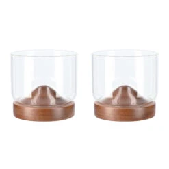 Aretica Whiskey Glas Met Houten Onderzetter - Bruin - Set Van 2