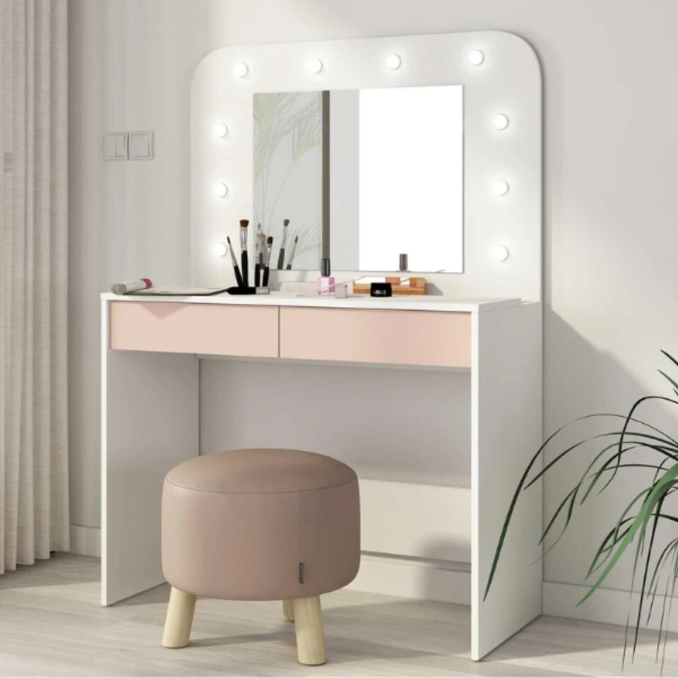 Trasman Kaptafel Holly Met Spiegel En Verlichting 2 Lades Spaanplaat - Wit/roze - Afbeelding 2