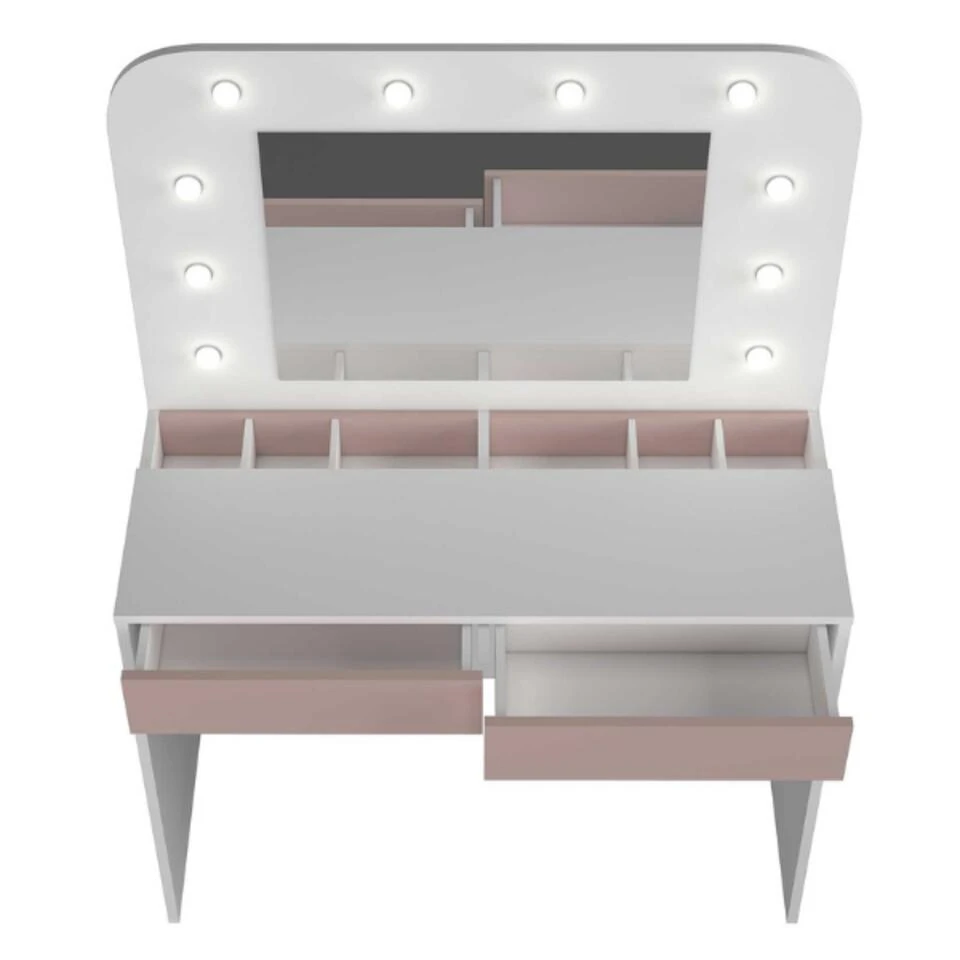 Trasman Kaptafel Holly Met Spiegel En Verlichting 2 Lades Spaanplaat - Wit/roze - Afbeelding 3