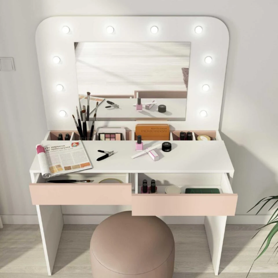 Trasman Kaptafel Holly Met Spiegel En Verlichting 2 Lades Spaanplaat - Wit/roze - Afbeelding 4