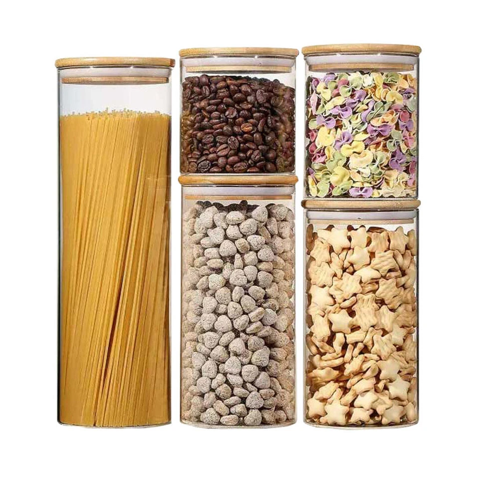 LW Collection Voorraadpotten Glas 5 Stuks Met Bamboe Deskel