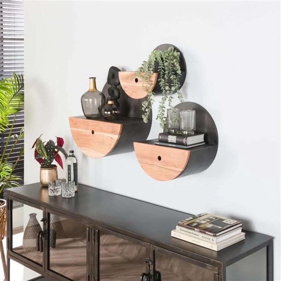 Industrieel Rond Wandrek Hout En Metaal Tim Ø 30 Cm - 25x30x30 Cm - Hout - Zwart - Afbeelding 3