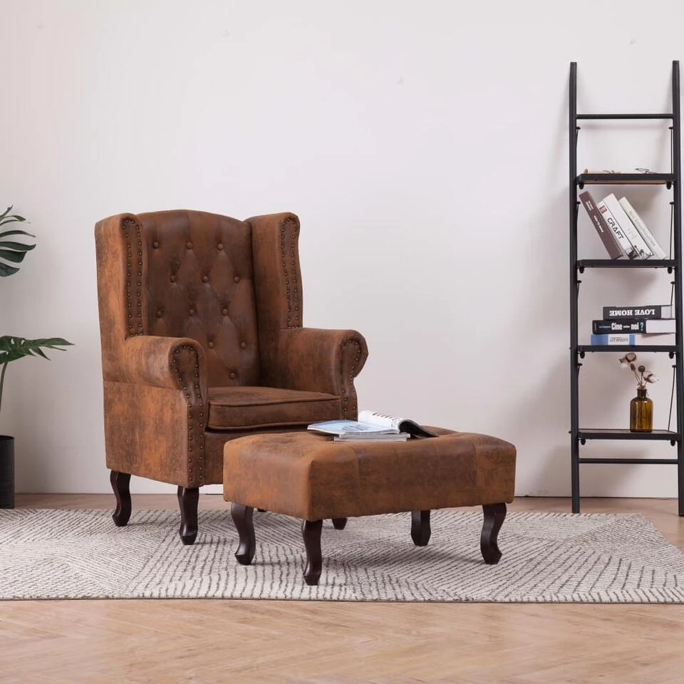 VidaXL Fauteuil En Voetenbank Chesterfield-stijl Kunstsuède Bruin - Afbeelding 2
