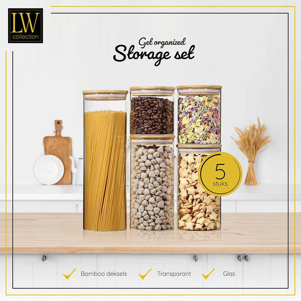 LW Collection Voorraadpotten Glas 5 Stuks Met Bamboe Deskel - Afbeelding 2